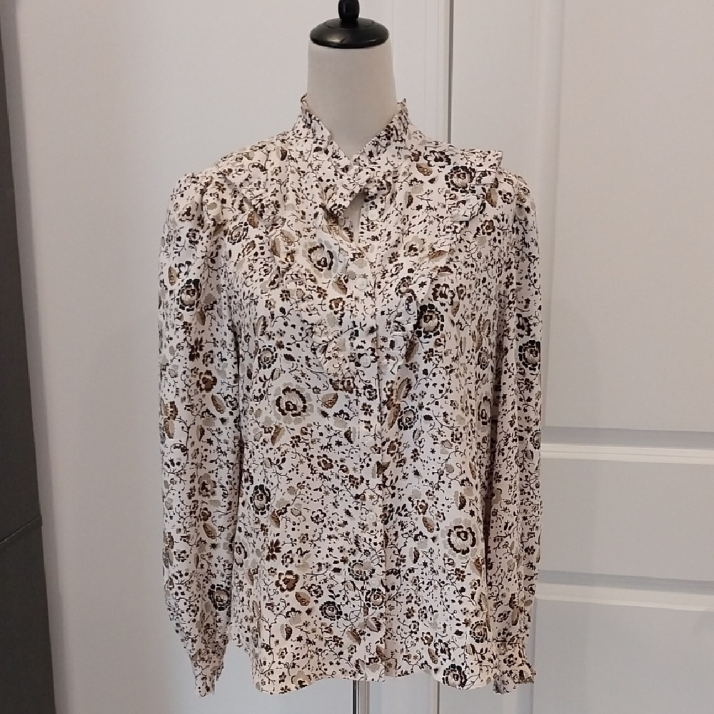 Ann Taylor Cream Floral Blouse with Brown Print
